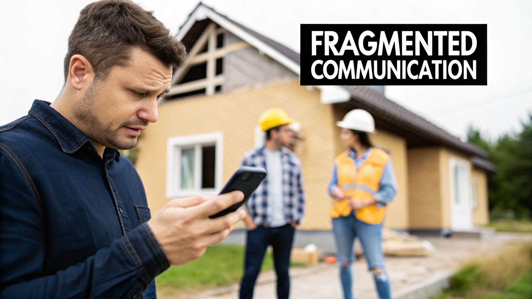 Man engrossed in his phone while two construction workers converse in the background at a building site.