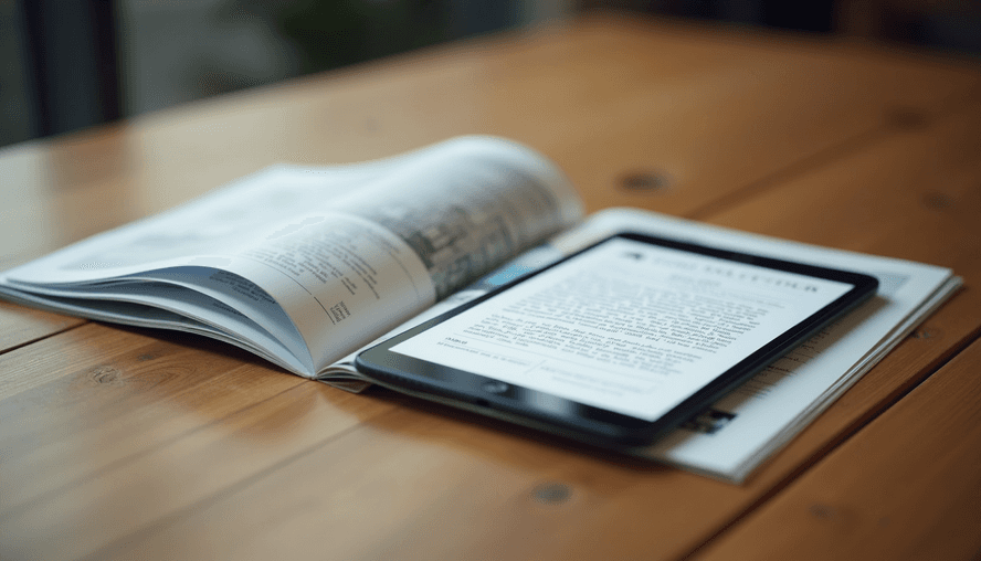 Eye-level view of a magazine next to a tablet displaying a webpage