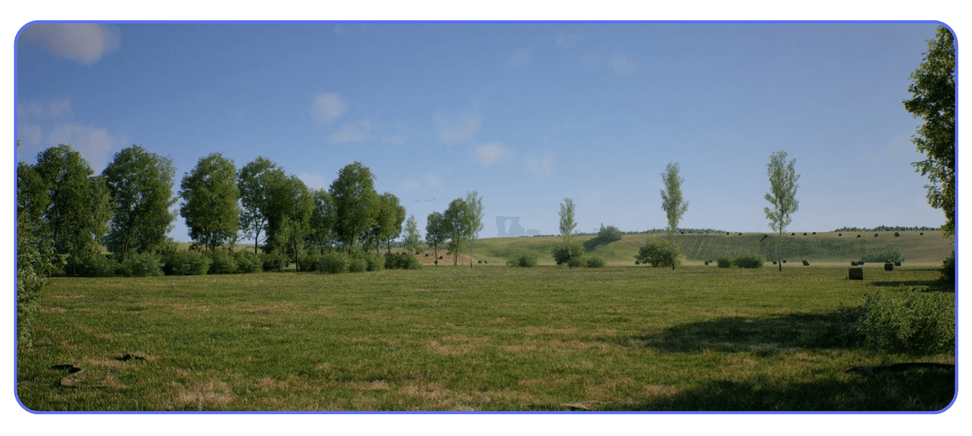 Wide landscape rendered in Unreal Engine 5.7 featuring realistic trees, grass, rolling hills, and clear sky lighting