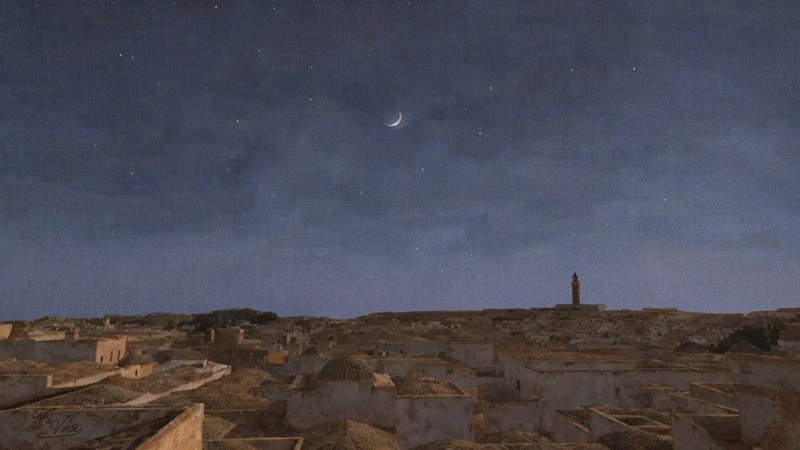 Sacred artwork by Faith and Verse. © Faith and Verse, 2026. All rights reserved. Night roofscape of Córdoba, al-Andalus, 9th century, with crescent moon above whitewashed buildings and distant minaret silhouette.