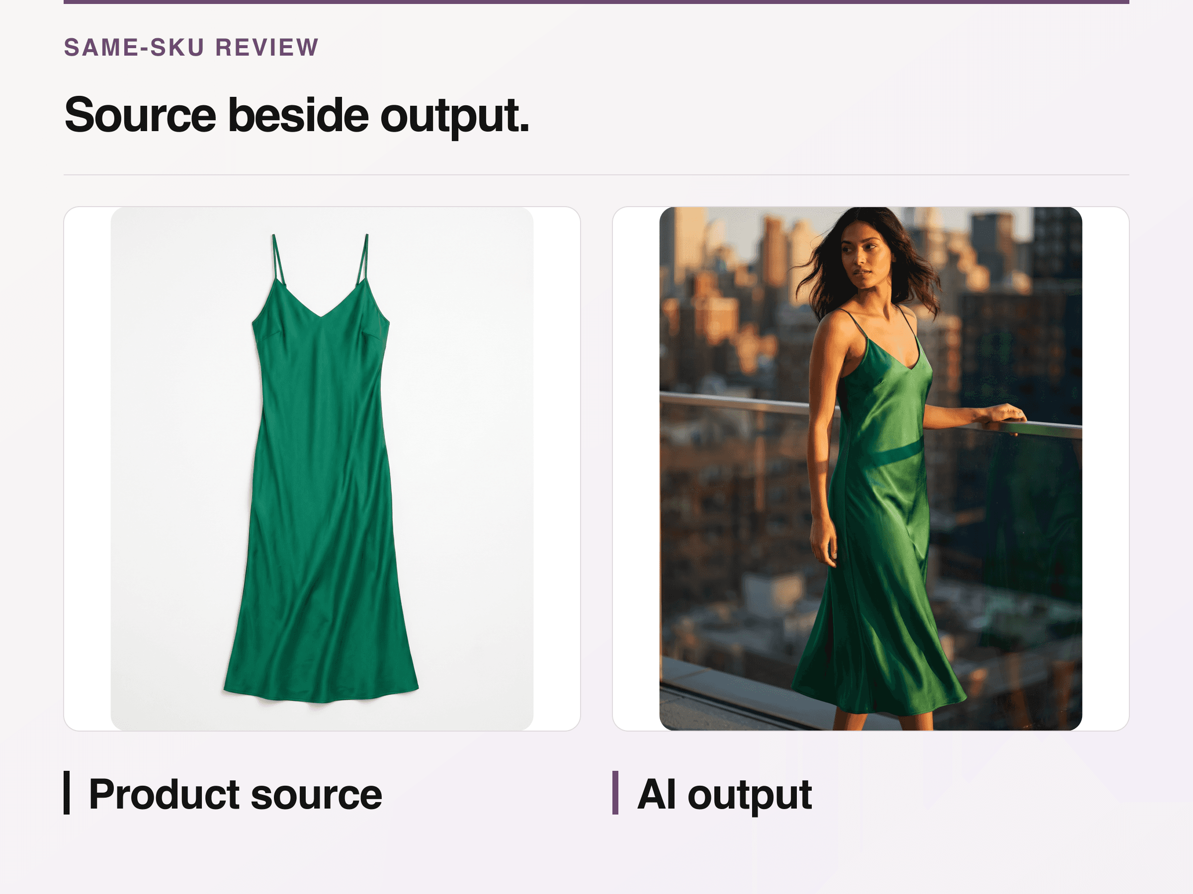 Same green dress shown as the authorized product source and an AI-generated on-model Look Atlas output