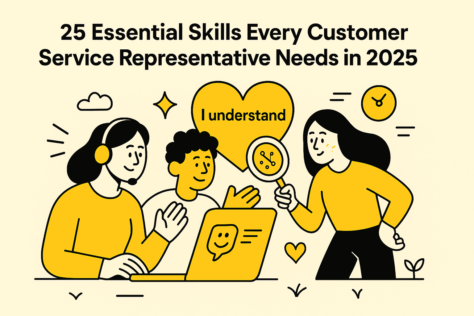 Minimalist illustration of diverse customer service representatives using AI tools and headsets, styled in Smart Role’s yellow, black, and white palette, symbolizing 2025 CX skills.