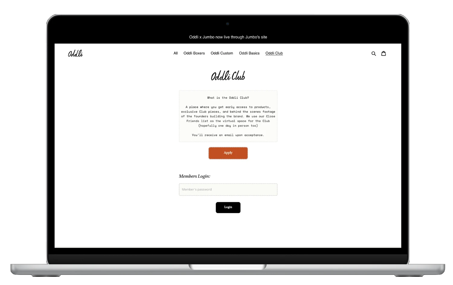 Original Oddli Club page with centered text explaining membership and application form on white background