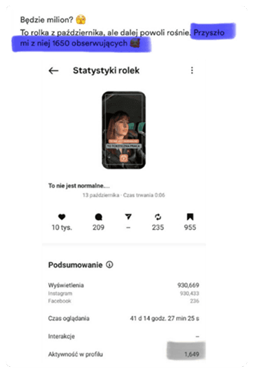 Biznes na Insta – opinia o wyzwaniu publikacji rolek, które pomogło uczestniczce określić niszę, uporządkować komunikację i osiągnąć największe dotąd zasięgi – mimo wcześniejszego udziału w różnych kursach i szkoleniach.