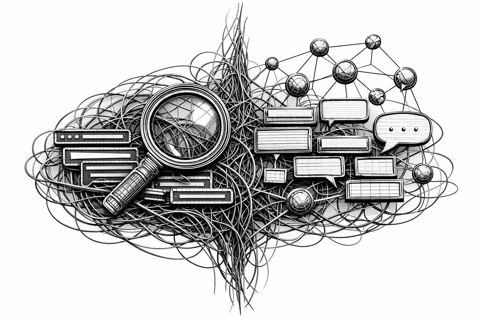 Ilustração digital em preto e branco composta por fios entrelaçados formando dois sistemas distintos: de um lado, estruturas orgânicas que remetem à busca tradicional e resultados em camadas (SEO); do outro, blocos de respostas, balões de diálogo e nós semânticos organizados (AEO), simbolizando a evolução da otimização para mecanismos de resposta e inteligência artificial generativa.