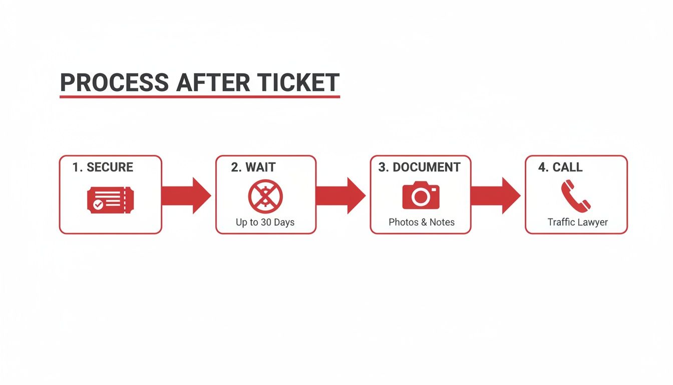 A clear four-step process for individuals to follow after receiving a traffic ticket.