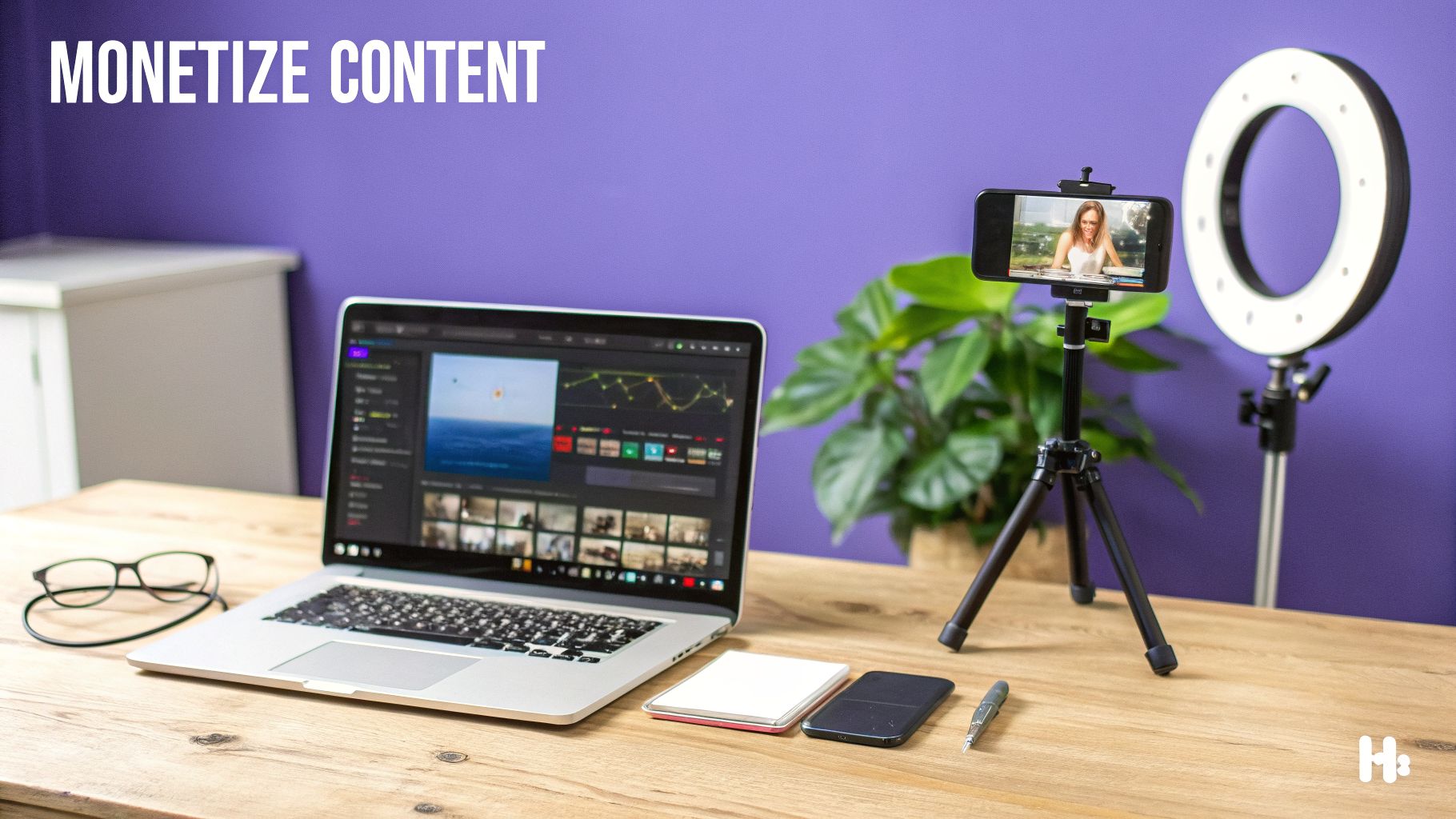 Desk with laptop, smartphone on tripod, ring light, and text 'MONETIZE CONTENT' for content creation.