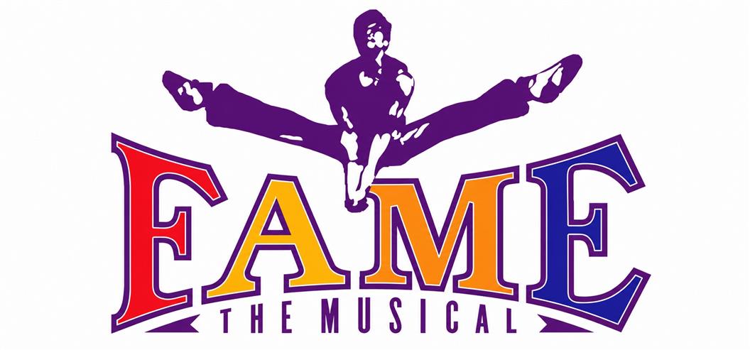 The image features the vibrant and colorful logo for "Fame The Musical", showcasing a silhouette of a dancer leaping energetically above the stylized title text; related to the Manatee Players theater in Bradenton, FL.
