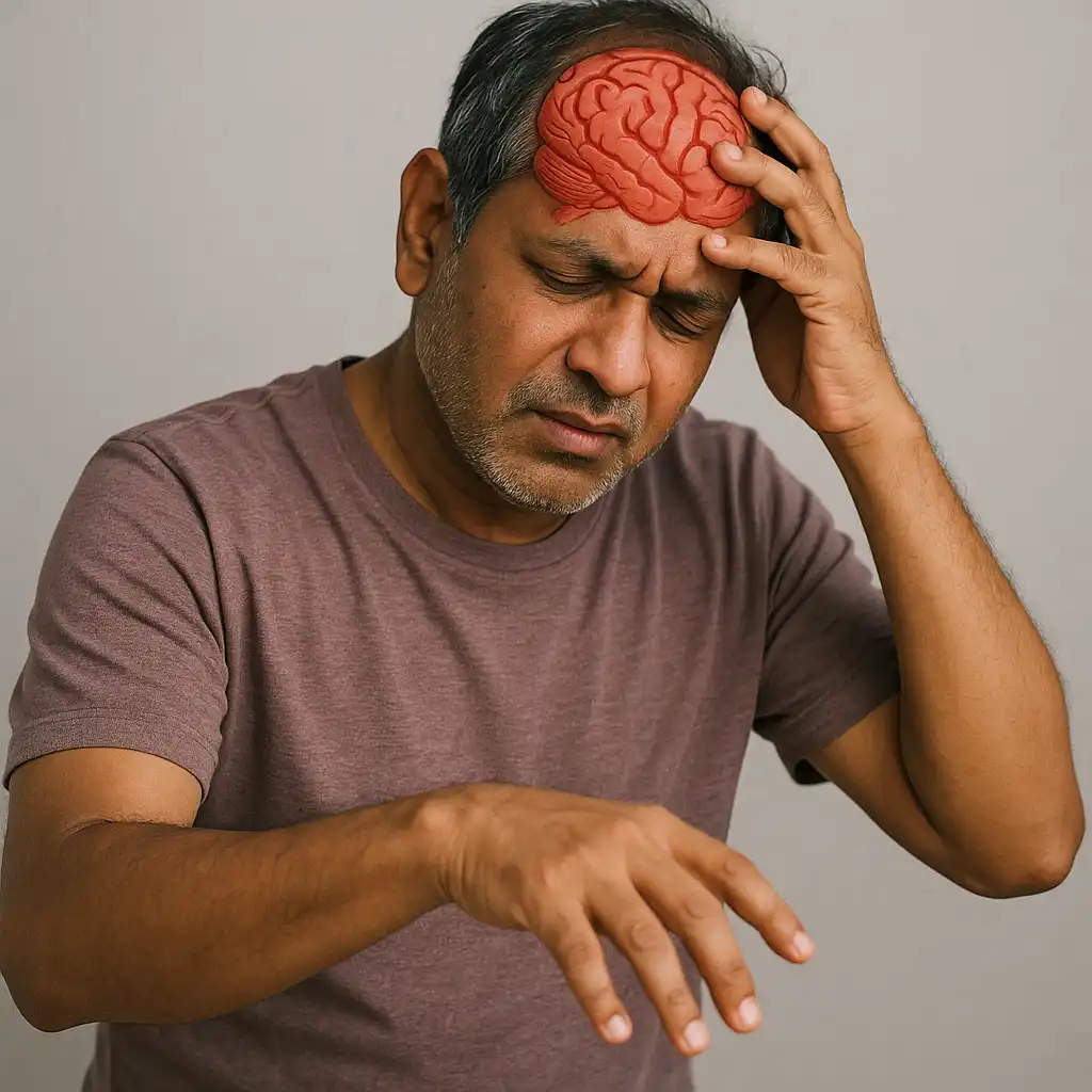 A man holding his head in pain with a red illustration of the brain superimposed, showing neurological impact associated with traumatic brain injury.