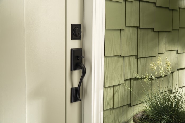 Single Cylinder Handleset with Addison trim. Interior of door can be a knob or a lever.