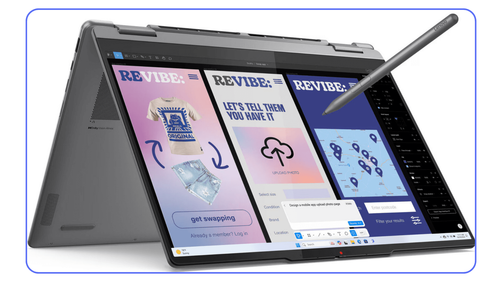 2-in-1 touchscreen laptop in drawing mode with stylus and design interface on screen