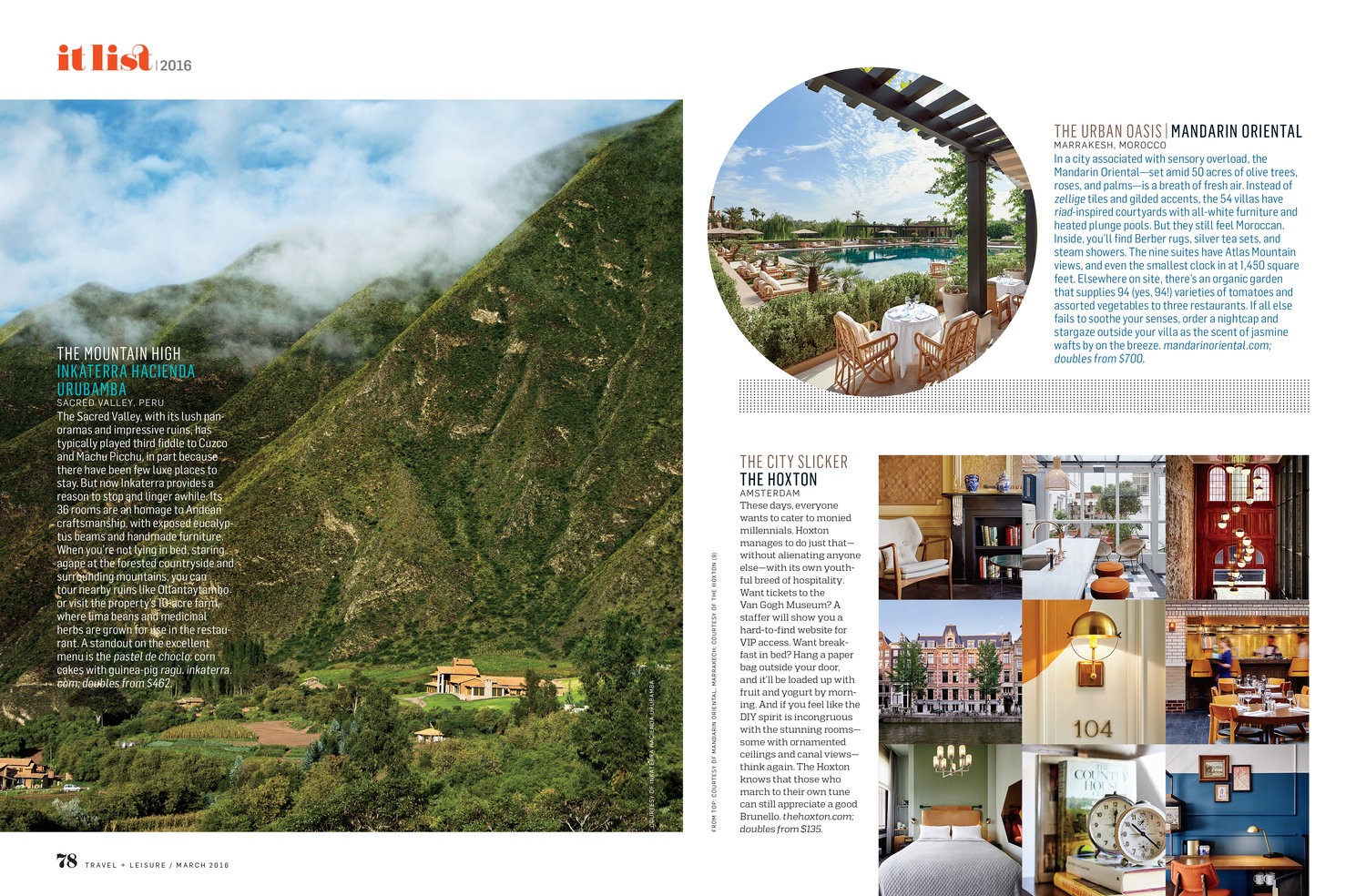 A spread layout with a landscape shot of the Sacred Valley's mountains, a pool side view in the Mardarin Oriental in Marrakesh, Morocco, and a grid of nine photos showing different parts of thefrom the Hoxton hotel in Amsterdam