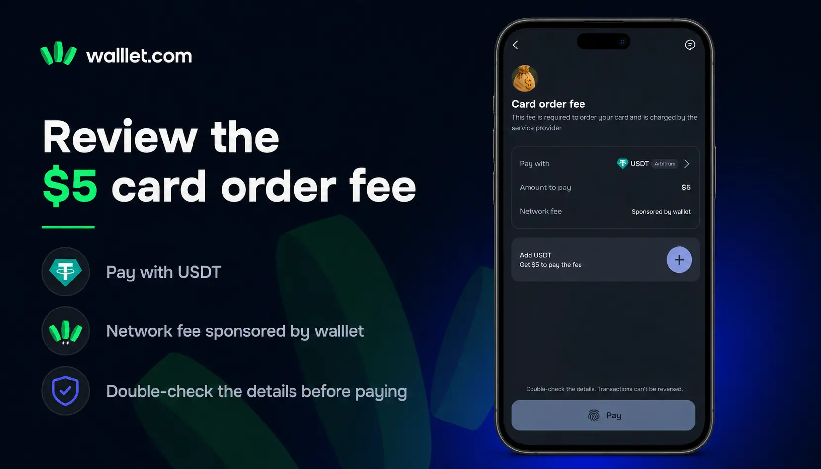 walllet.com card order fee screen showing a $5 USDT payment