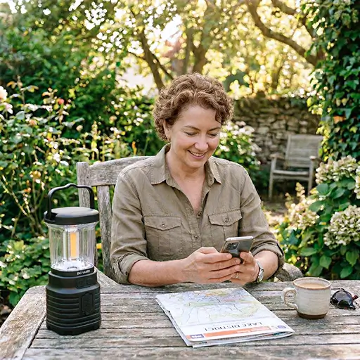 A woman sitting at a rustic outdoor table smiling at her smartphone while planning a camping trip, with a map and a lantern nearby, illustrating how Whisprice helps users track and save on seasonal gear.