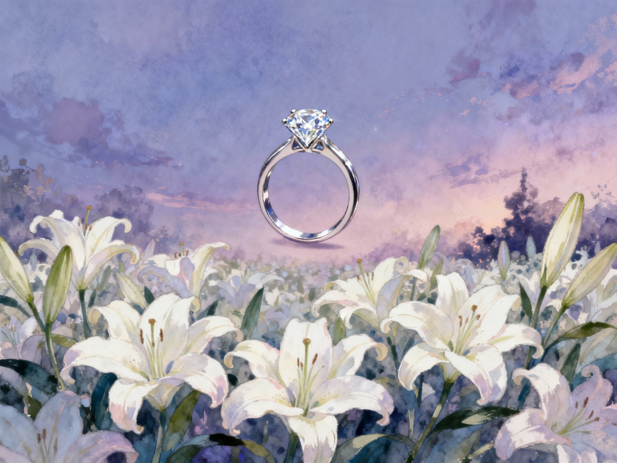 An artistic fine-art illustration of a princess cut diamond ring floating above a bed of blooming