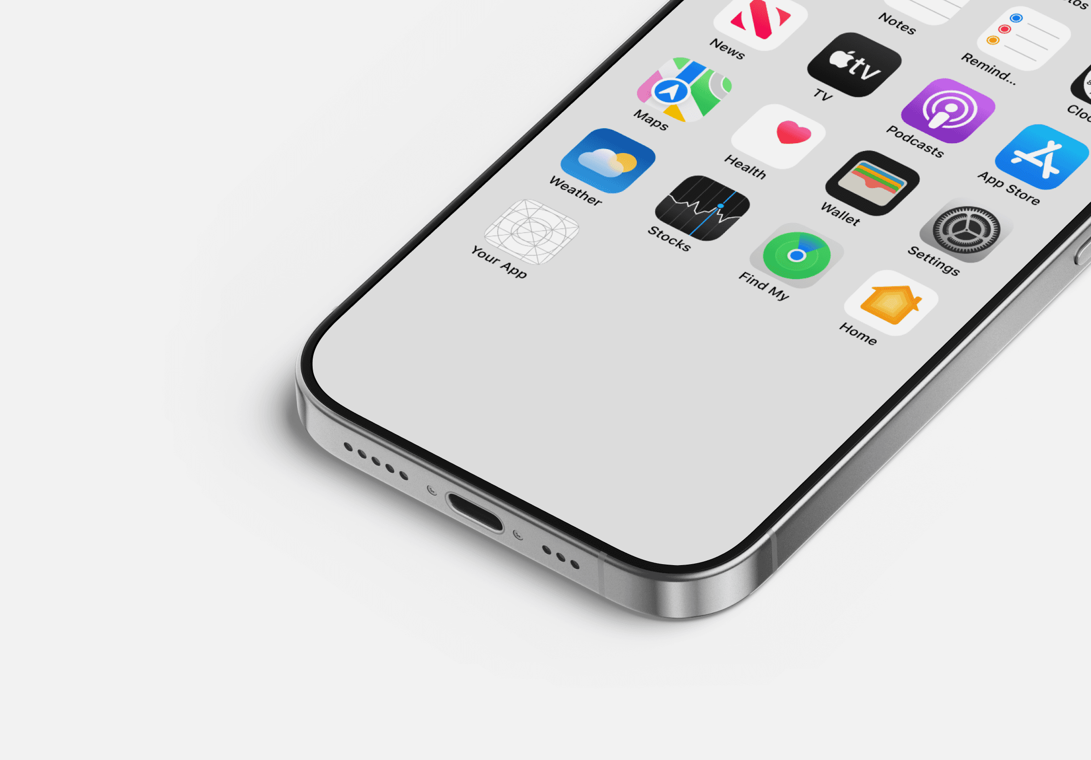 Close-up of a smartphone displaying a home screen with app icons, including a custom app icon labeled “Your App.”