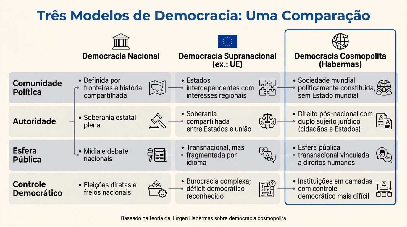 Democracia Nacional vs. Supranacional vs. Cosmopolita: Comparação de Modelos