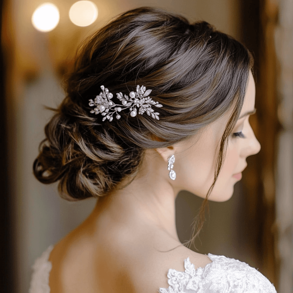 Schlichte, aber elegante Hochsteckfrisur für braune Haare, die perfekt zu einem modernen und stilvollen Brautlook passt.