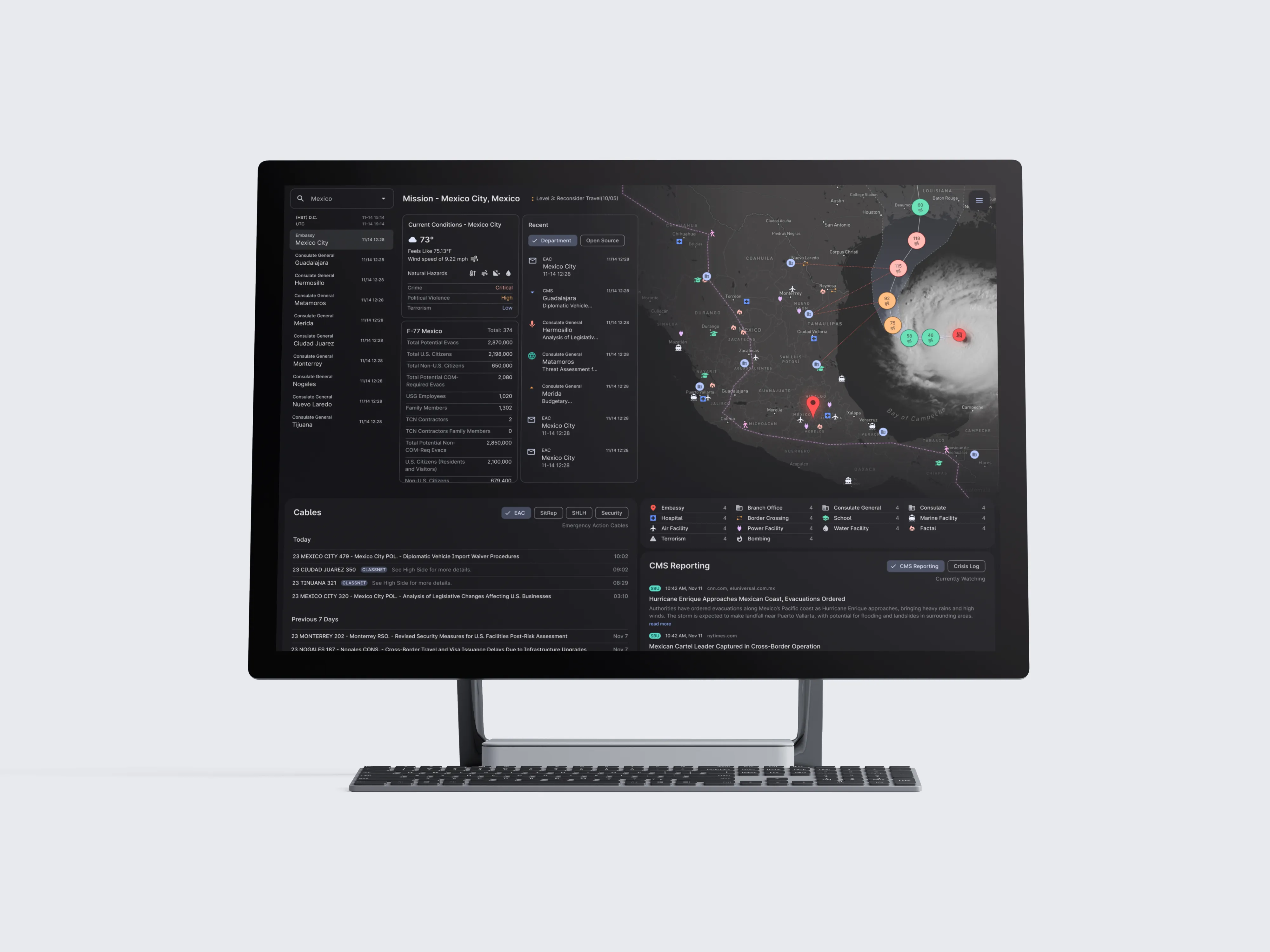 A computer monitor displaying a detailed mission dashboard for Mexico City, including current weather conditions, a satellite map with hurricane tracking, and facility markers.