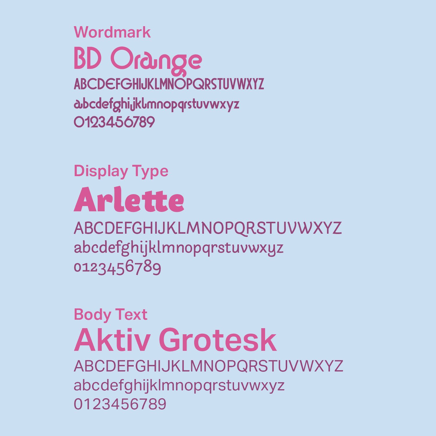 A typeface sample of BD Orange, Arlette, and Aktiv Grotesk.