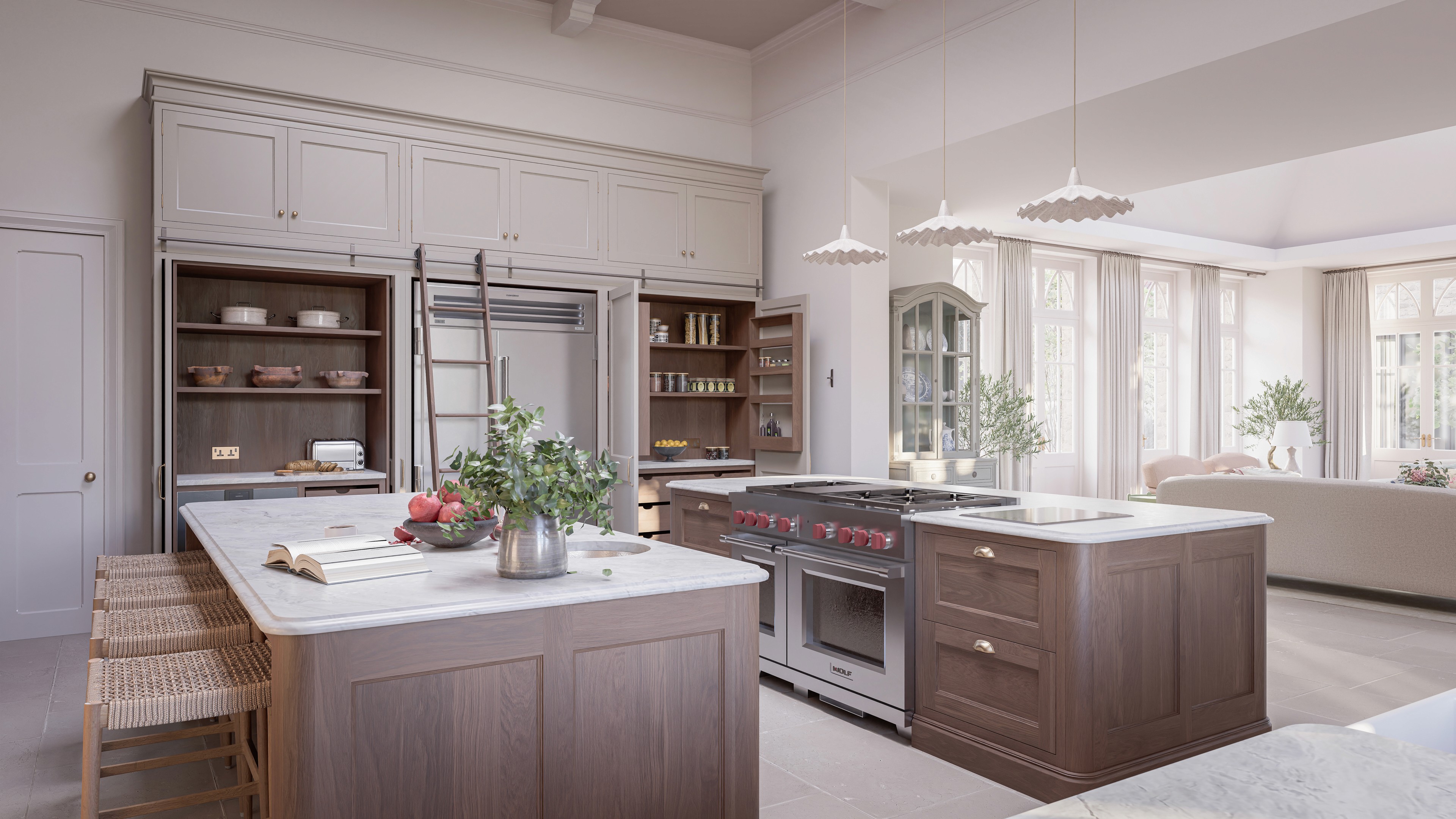 Realistic 3D render from a CAD drawing of a bespoke shaker kitchen space with kitchen islands and Sub-Zero Wolf appliances