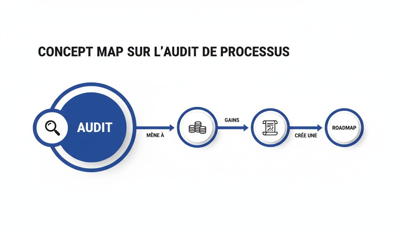 Carte conceptuelle expliquant l'audit de processus: de l'audit initial aux gains financiers et à la roadmap stratégique.