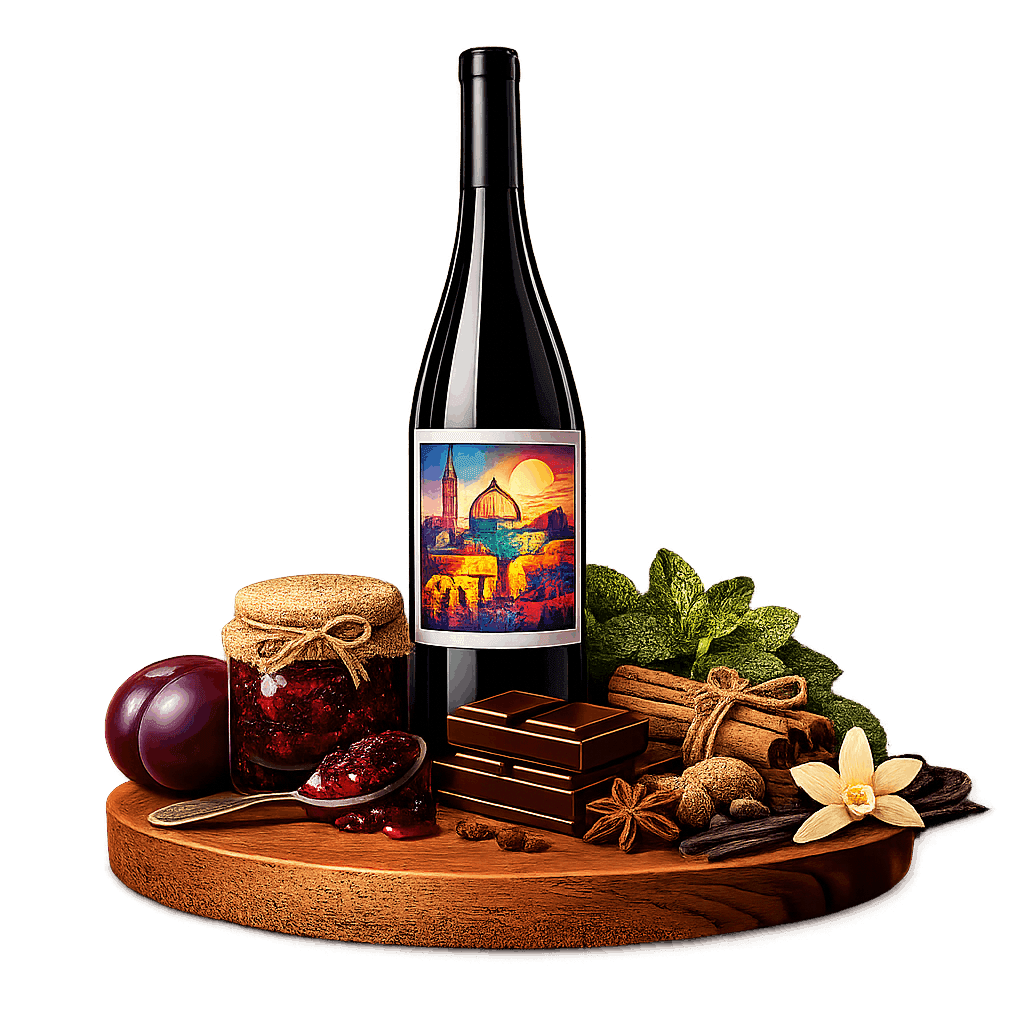 Artistic label and flavor profile for Israeli Merlot on a rustic wooden table.