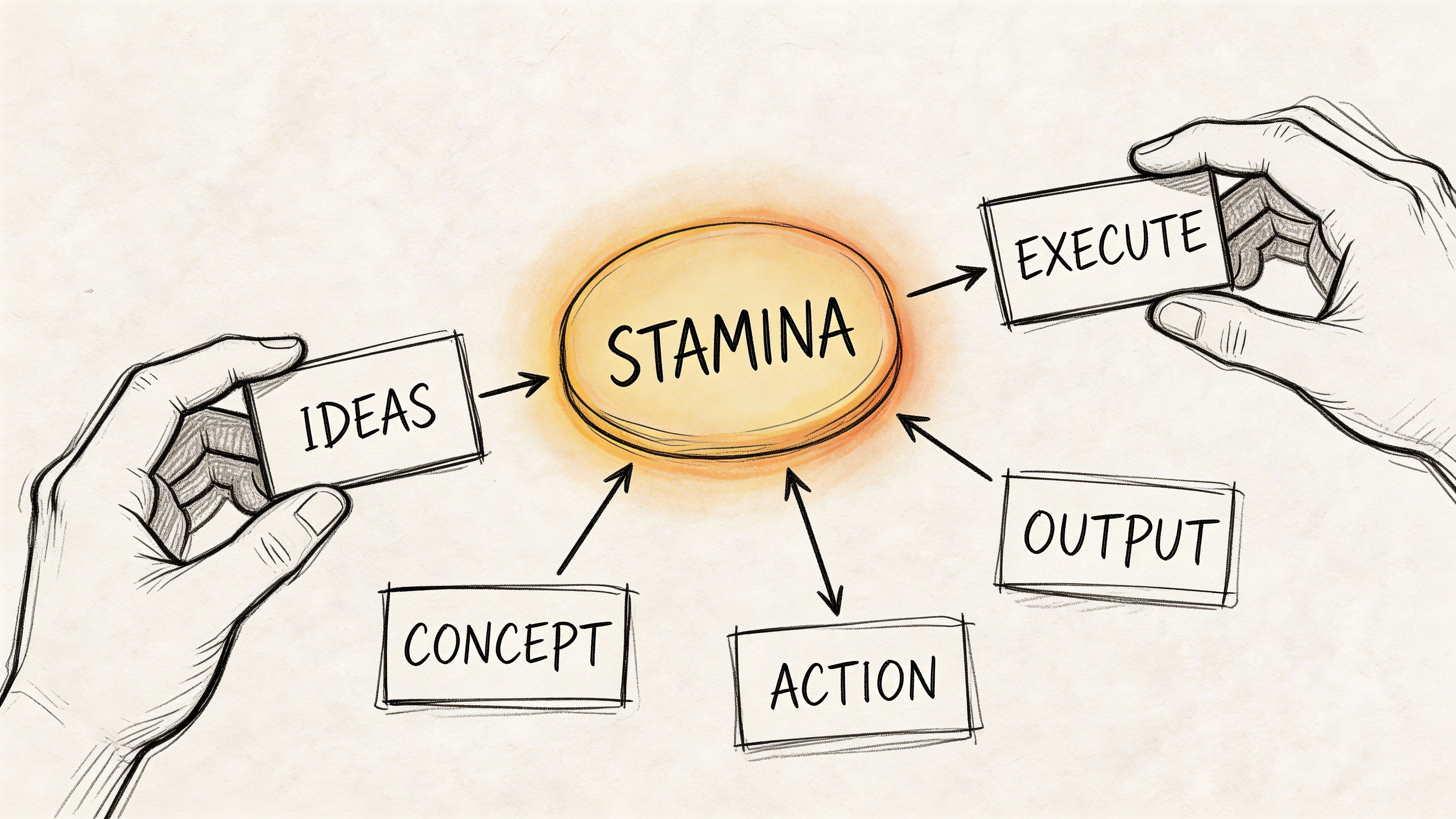 A hand-drawn illustration showing the concept of stamina connected to ideas, execution, concept, action, and output.