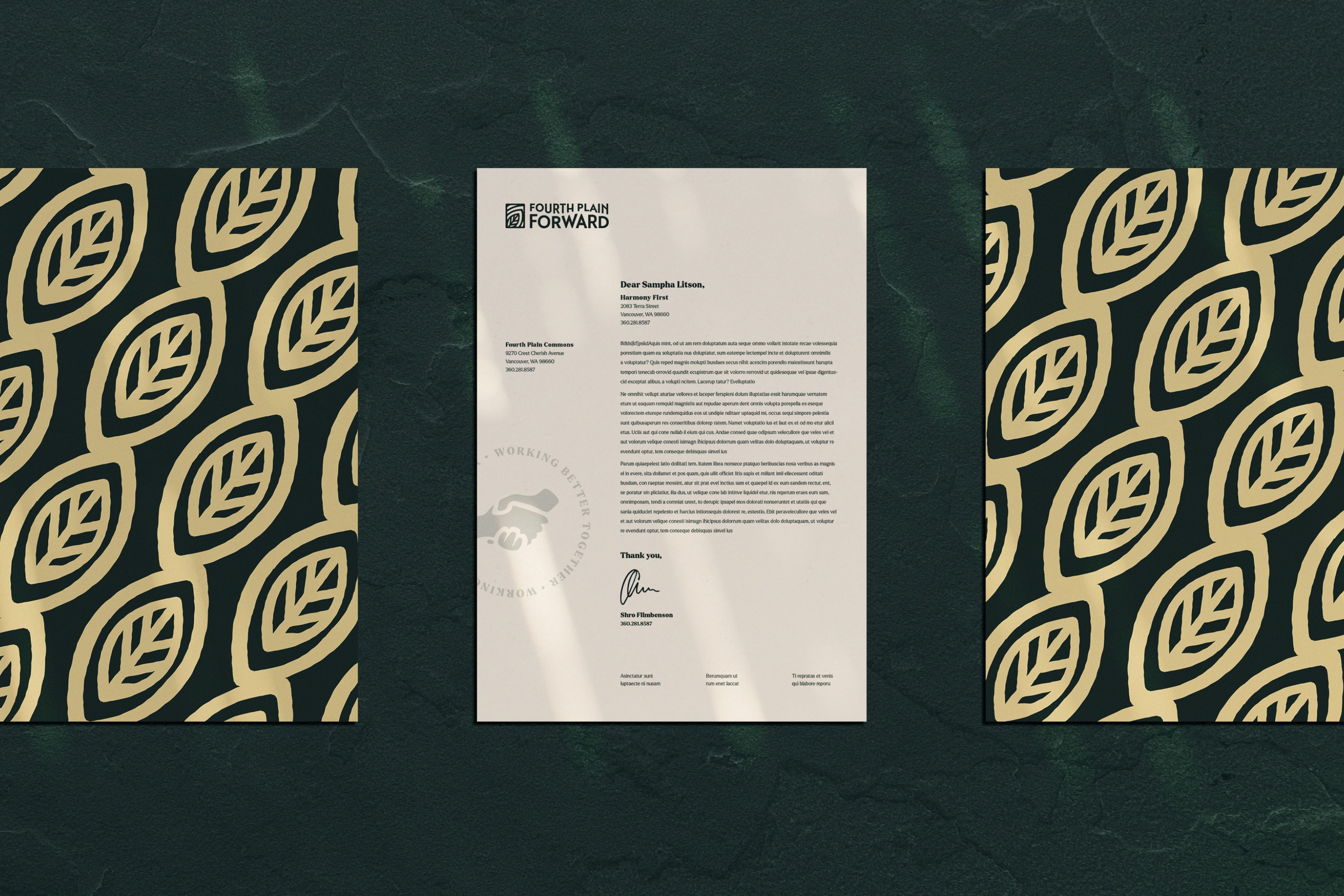 Fourth Plain Forward letterhead, with a pattern designed from their logo on the back, and typography on the front.