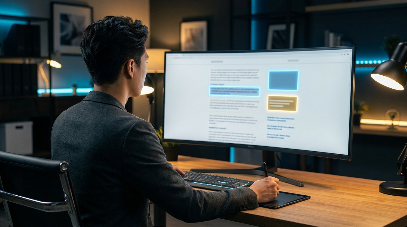 Redakteurin prüft Ankertexte und interne Links einer Website am Bildschirm