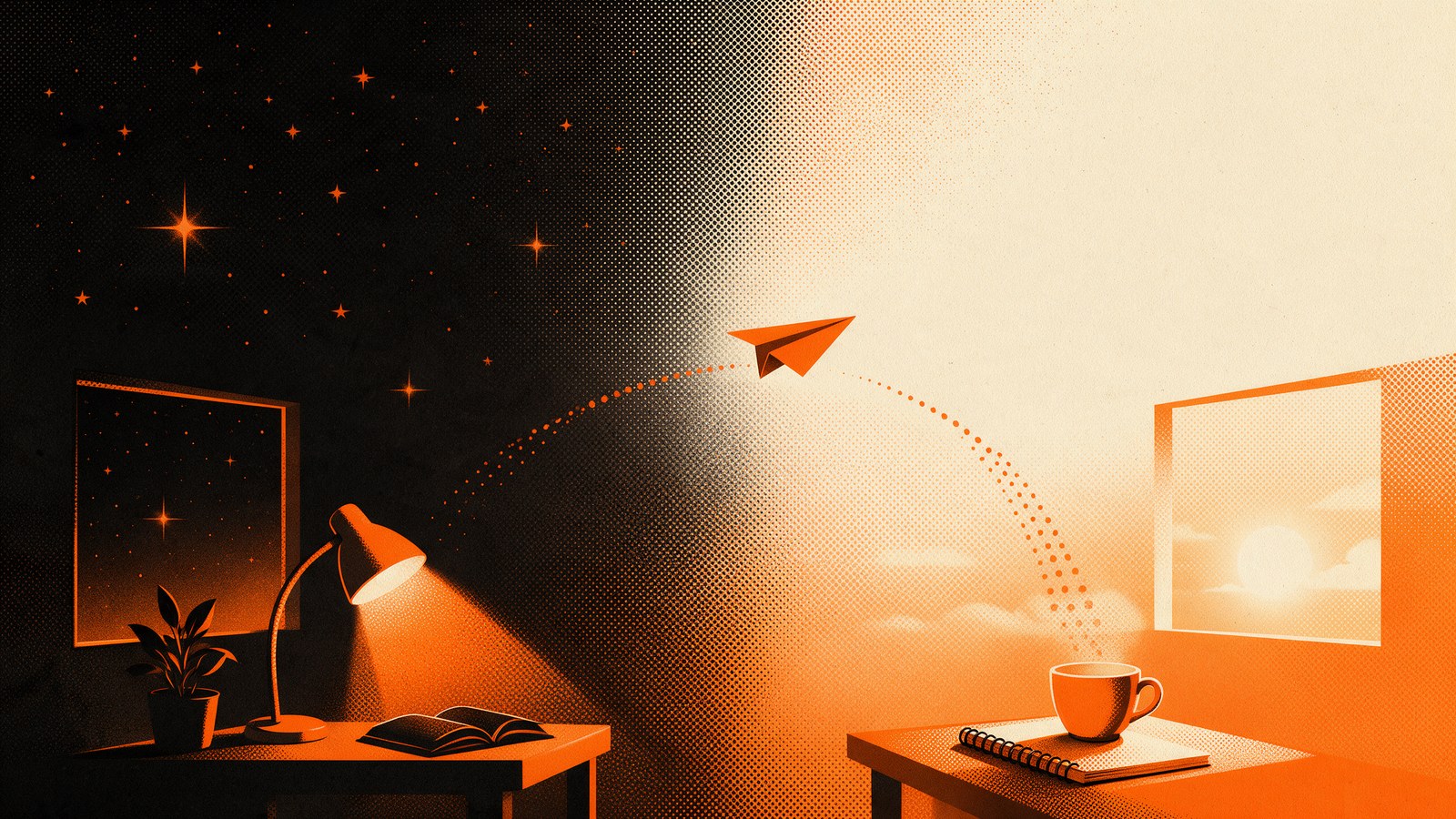 Illustration of a paper plane flying from a desk at night to a desk in the morning, crossing from dark into daylight