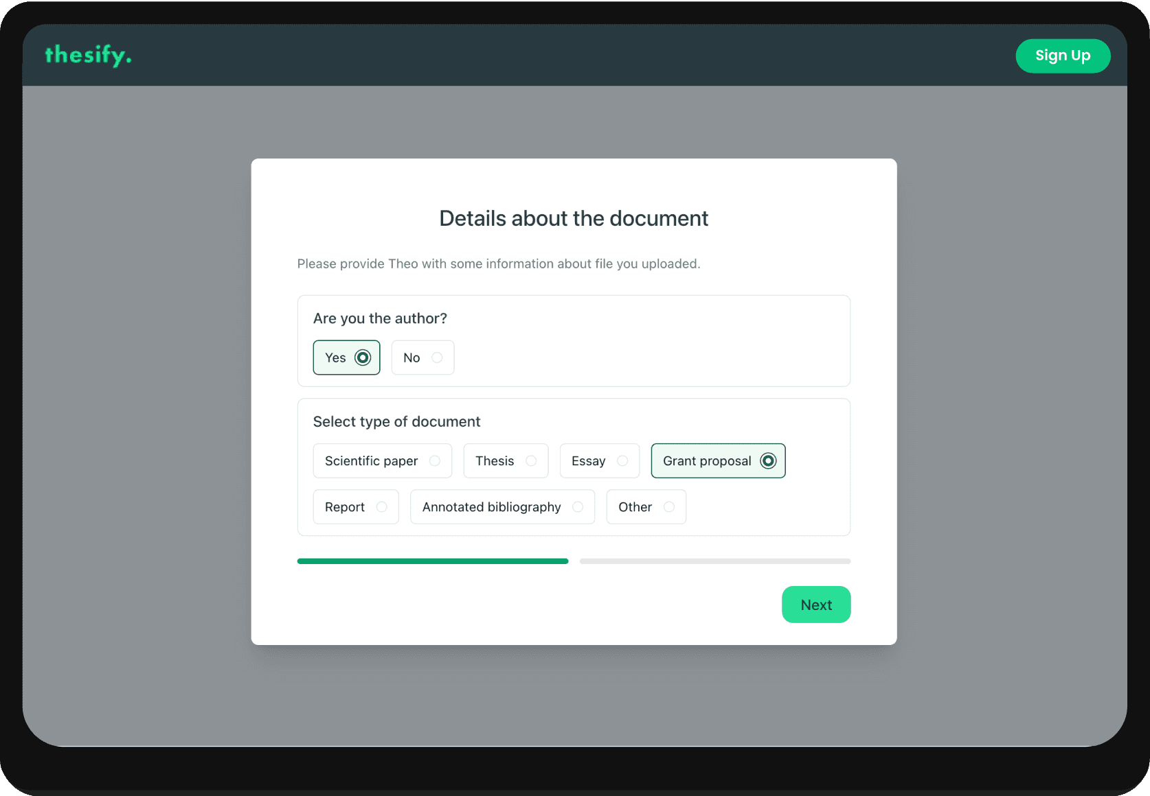 Screenshot of the onboarding questions after uploading a draft in thesify