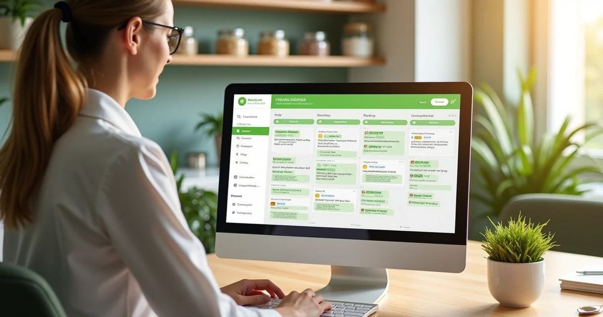 Nutricionista organizando agenda em consultório moderno 