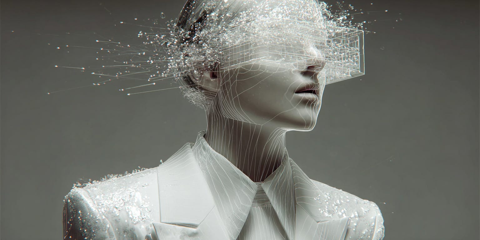 Abstract futuristic human figure with digital overlays and transparent textures, representing cognitive load, decision fatigue, and identity transformation in the AI era.