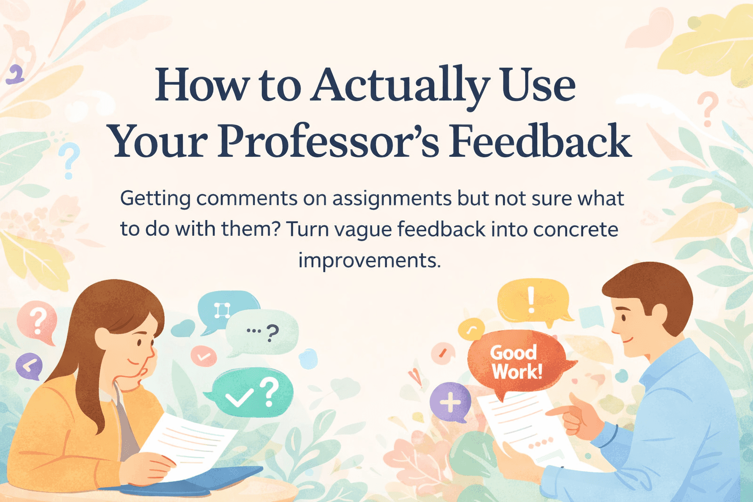 How to Actually Use Your Professor's Feedback, student reads graded paper while professor points out improvements.