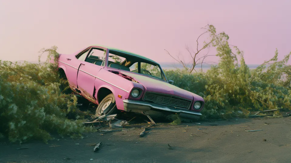 A pink car sits in a ditch after crashing