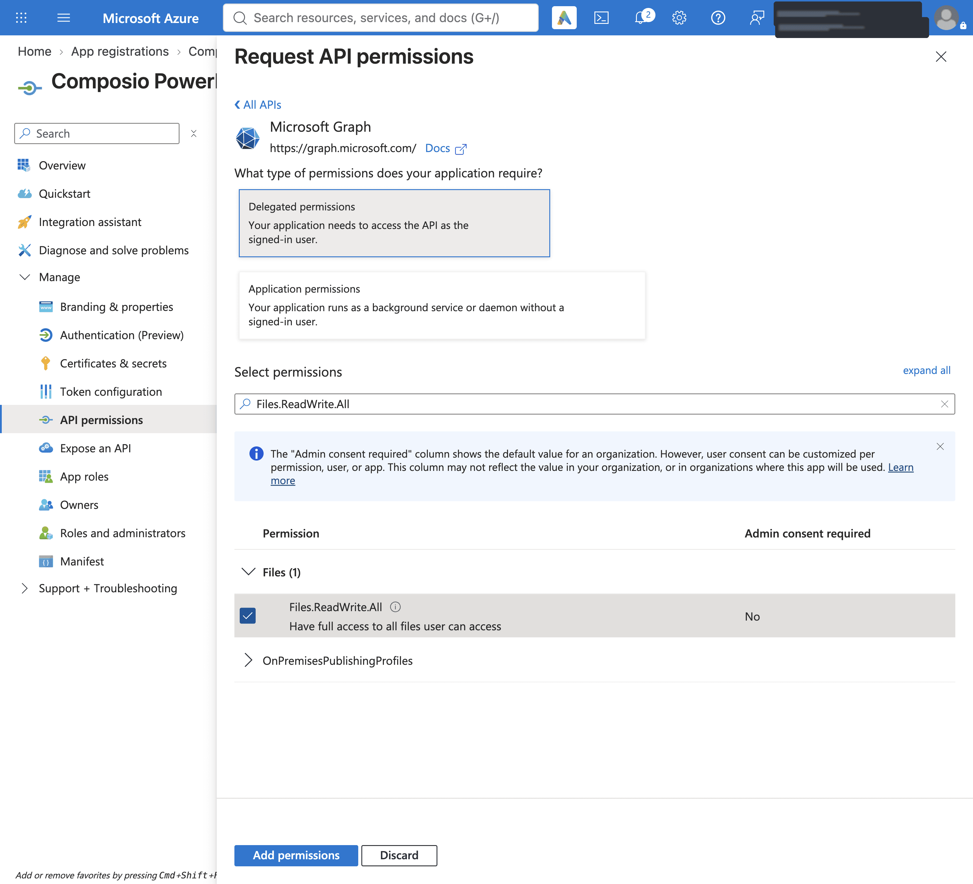 Files.ReadWrite.All permission selected