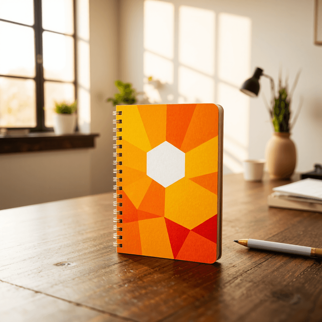 product photography of a spiral-bound notebook with a colorful cover design