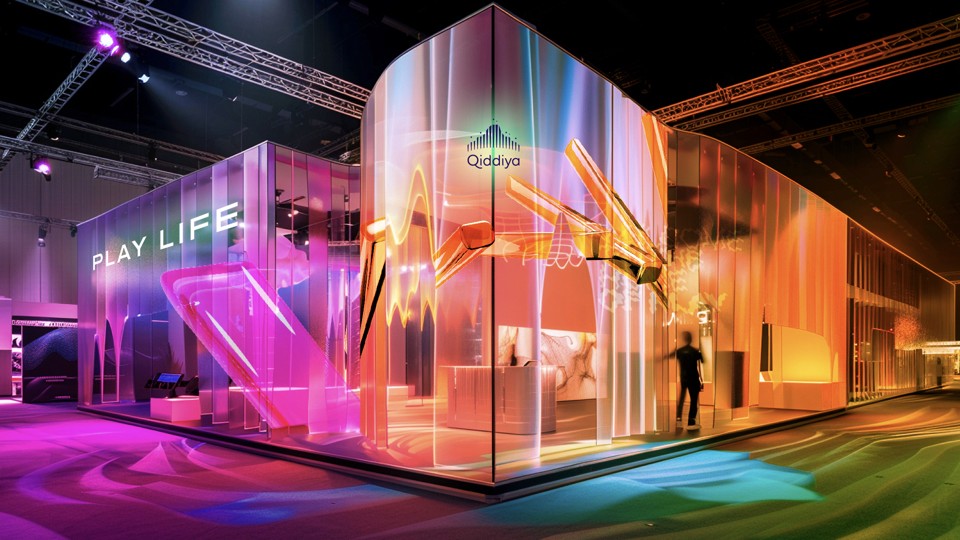 A vibrant and modern exhibition booth with dynamic, colorful lighting features a futuristic design and bold signage, attracting attention in a spacious, industrial indoor venue.