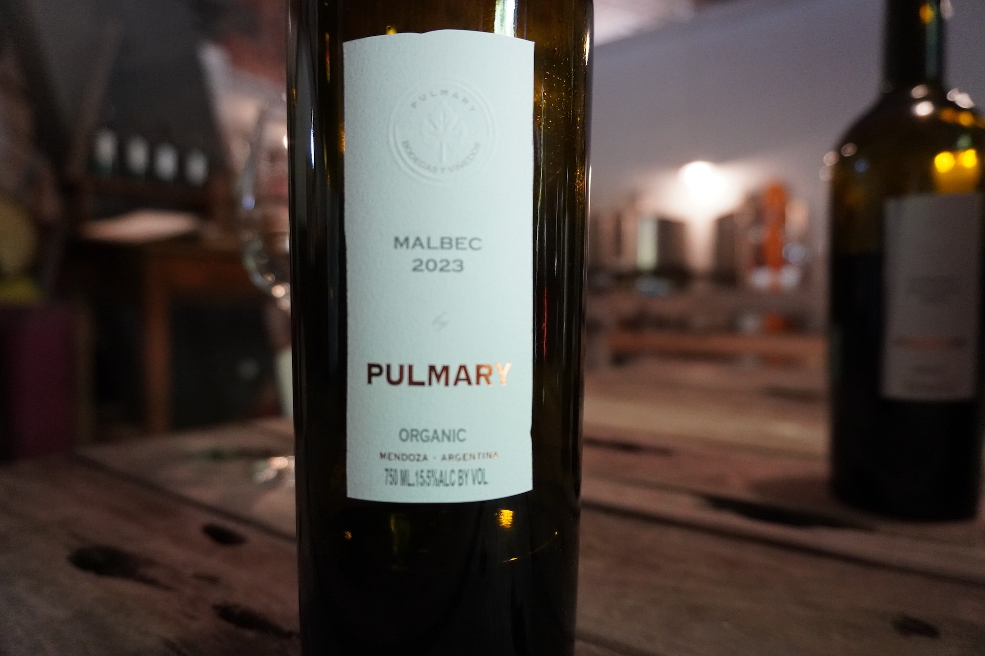 Bottle of Pulmary Organic Malbec 2023 tasted directly from the winery’s concrete-aged production