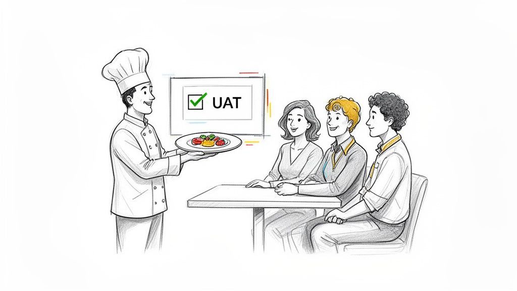 A chef presents a prepared dish to three smiling customers, with a 'UAT' sign behind them.