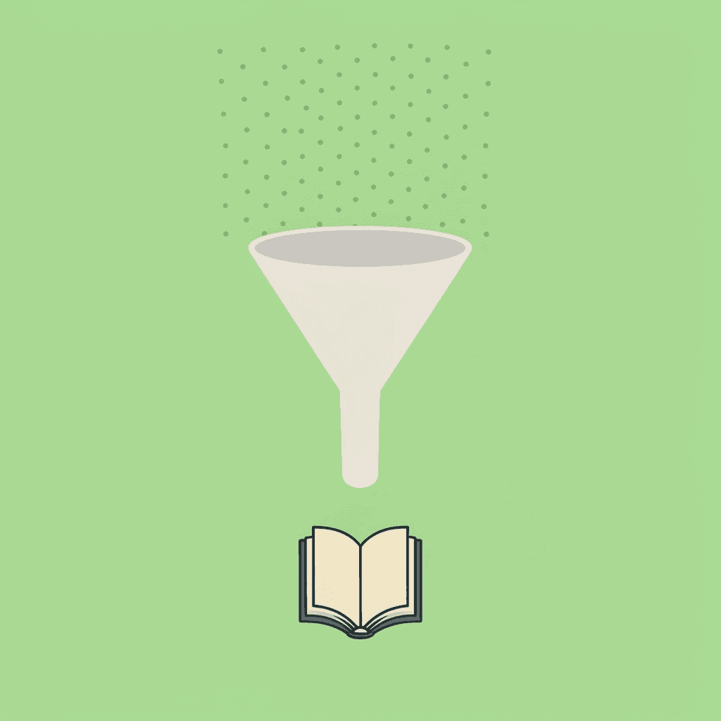 Funnel diagram showing book text flowing in and key ideas emerging as output