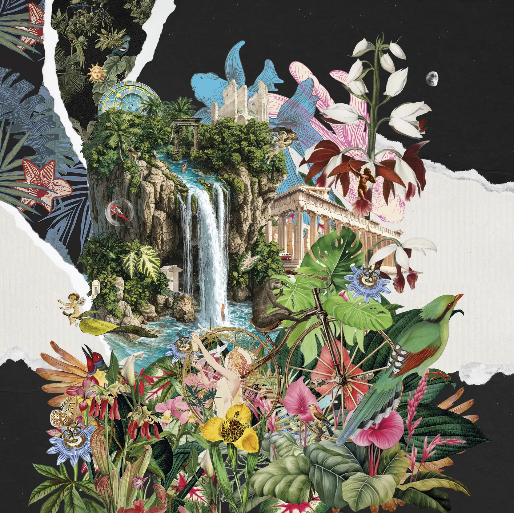 Collage surrealista 'Fragment of Happiness' con cascada y monumentos antiguos, una alegoría visual del ecosistema creativo y la filosofía de Thankium