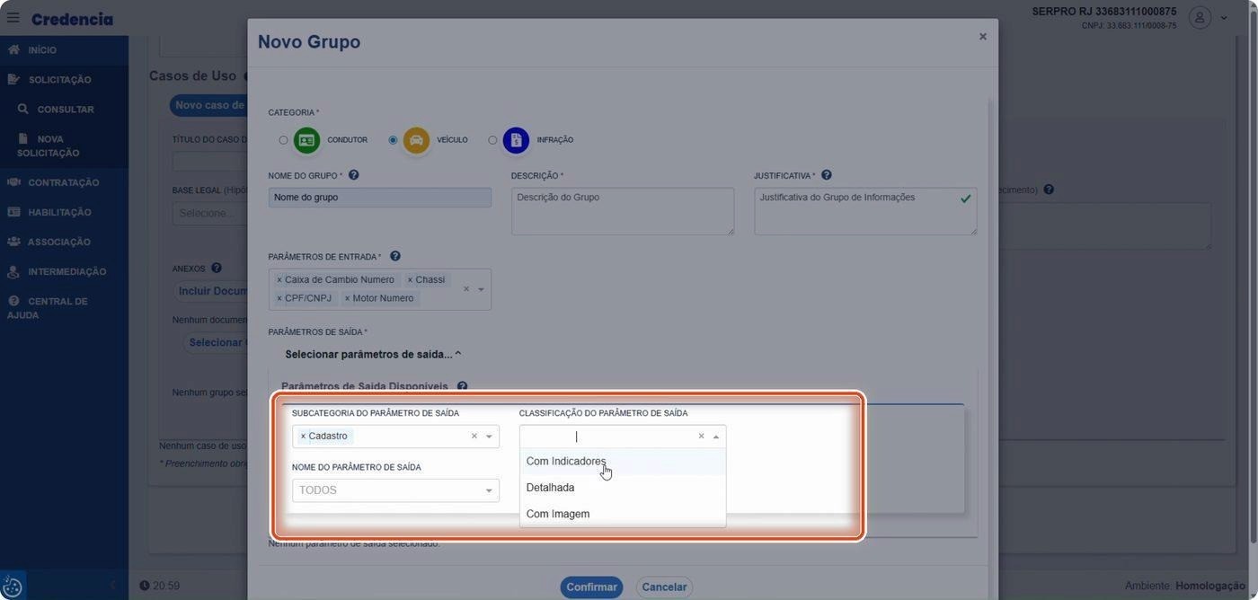 Captura de tela de referência do Credencia para Passo 2 — Selecionar subcategoria e classificação. Contexto: 22 — Parâmetros de Saída.
