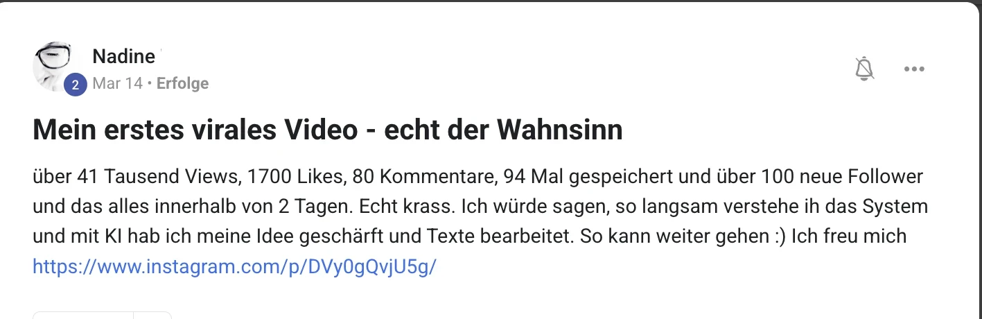 Erfahrungsbericht KI Creator Akademie: Nadines erstes virales Video mit über 41.000 Views in 2 Tagen