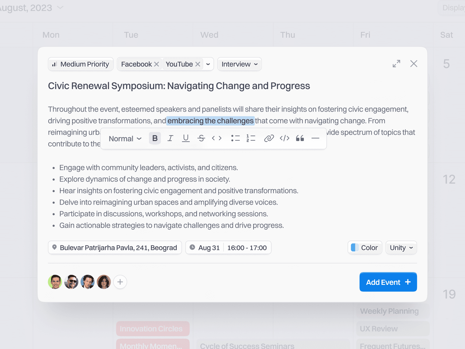 planbeacon event creation ui filled