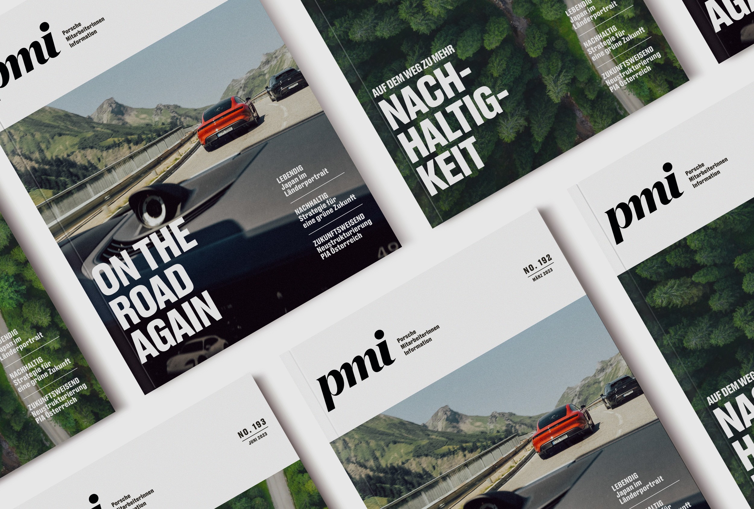 Mehrere Titelseiten des neu gestalteten Porsche Mitarbeiter-Magazins mit hochwertiger Optik und frischer Typografie.