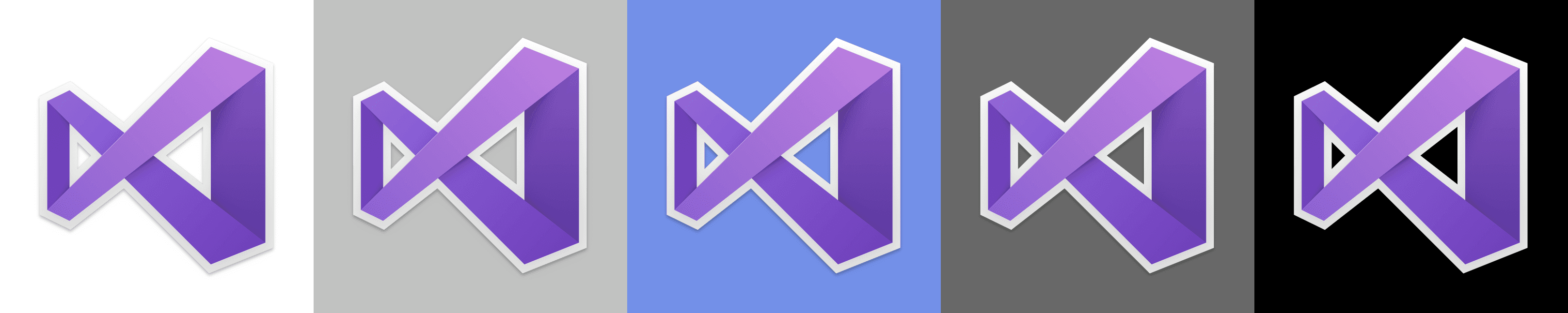The Visual Studio for Mac icon on various backgrounds. The image demonstrates whether the icon functions effectively on different background colors and levels of brightness.