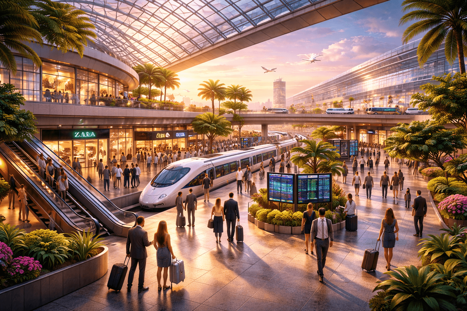 Modern high-speed train silhouette in motion illustrating the prime connectivity of the Sector 57 commercial project