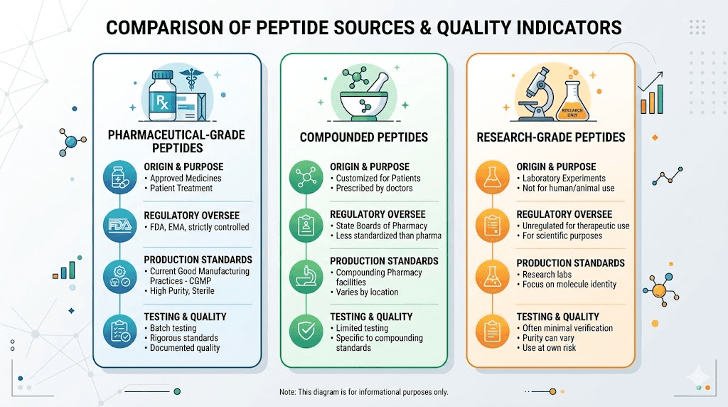 GLP-1 peptide source comparison showing pharmaceutical vs compounded vs research grade